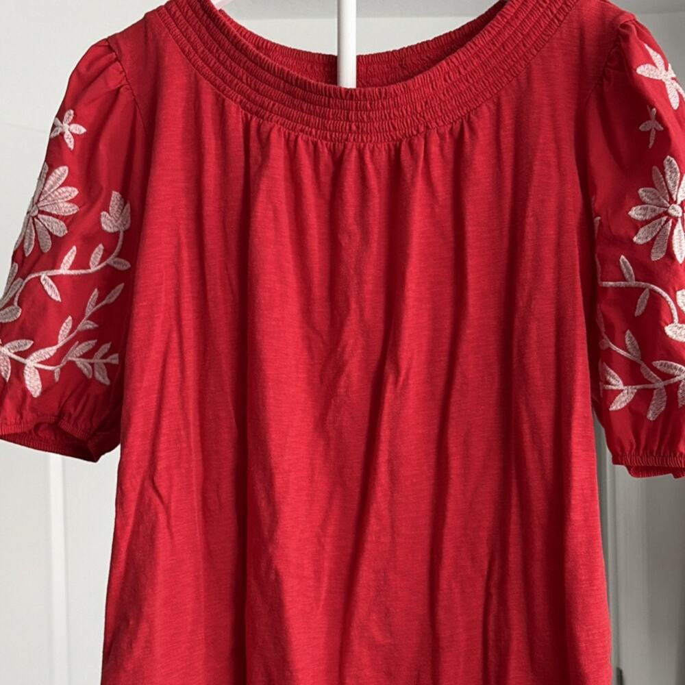 KATE & SAM Red Embroidered Floral Balloon Short Sleeve Knit Blouse L Bohemian